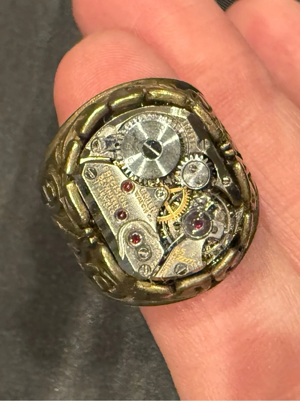 Artist Made Steampunk Watch Movement Ring Vintage Gruen 17 Jewel Filigree Brass